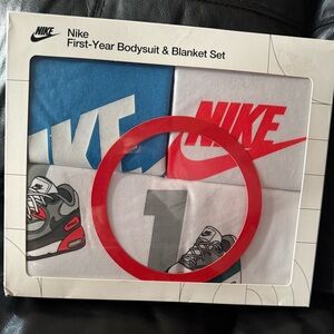 Nike Blue and White Bodysuit & Blanket Set